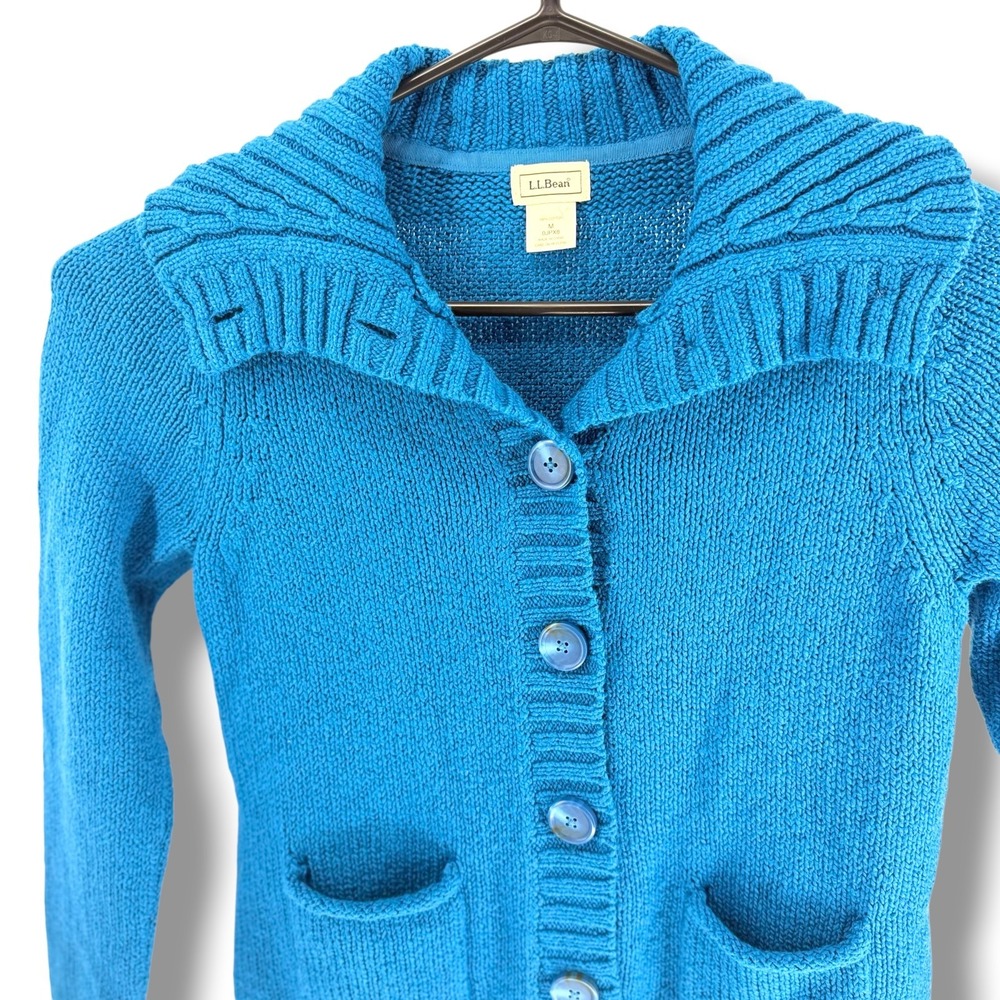 LL Bean Cotton Cardigan Sweater Womens Medium Turquoise Blue Button Pockets